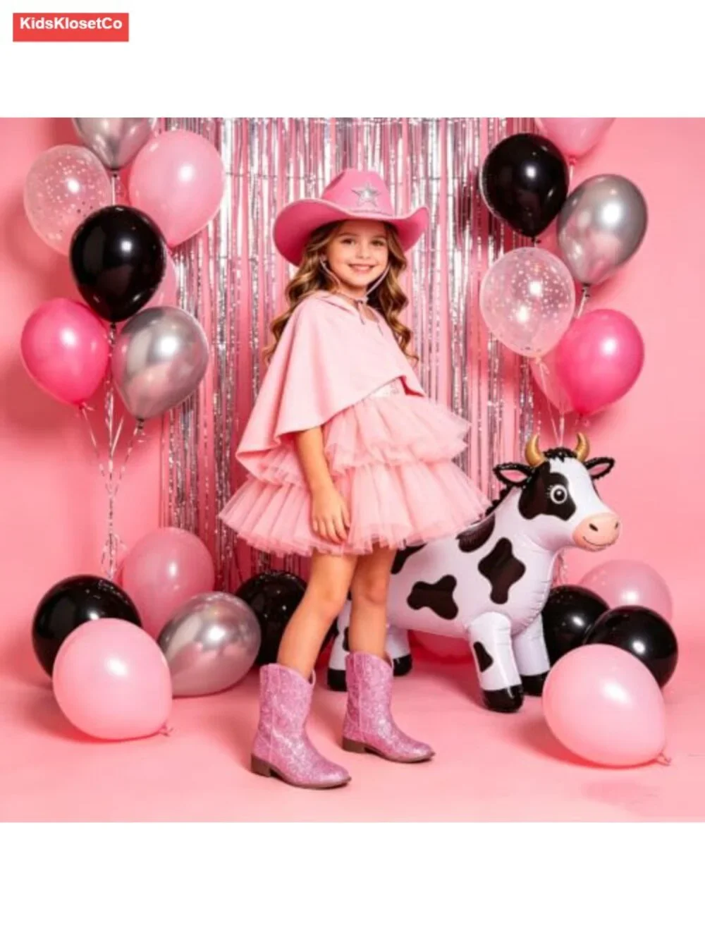 Girls Cowgirl Boots Glitter Square Toe Mid Calf Pull On Cowboy Boots